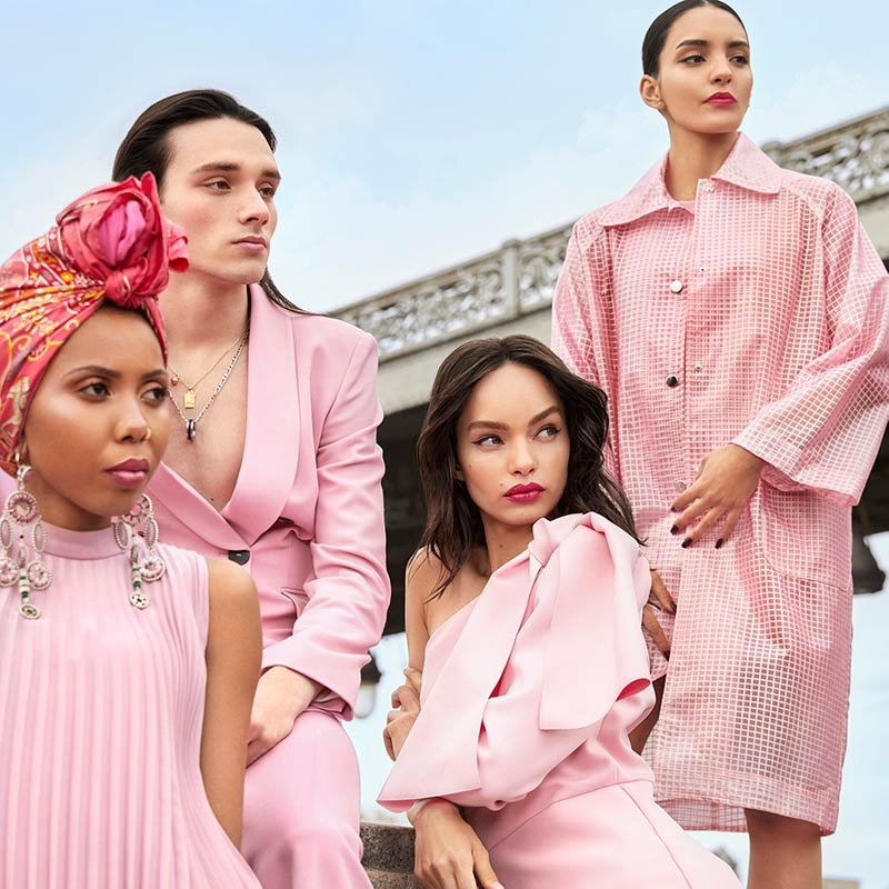 Color Riche Satin Lifestyle: four models pose for the camera in pink clothing